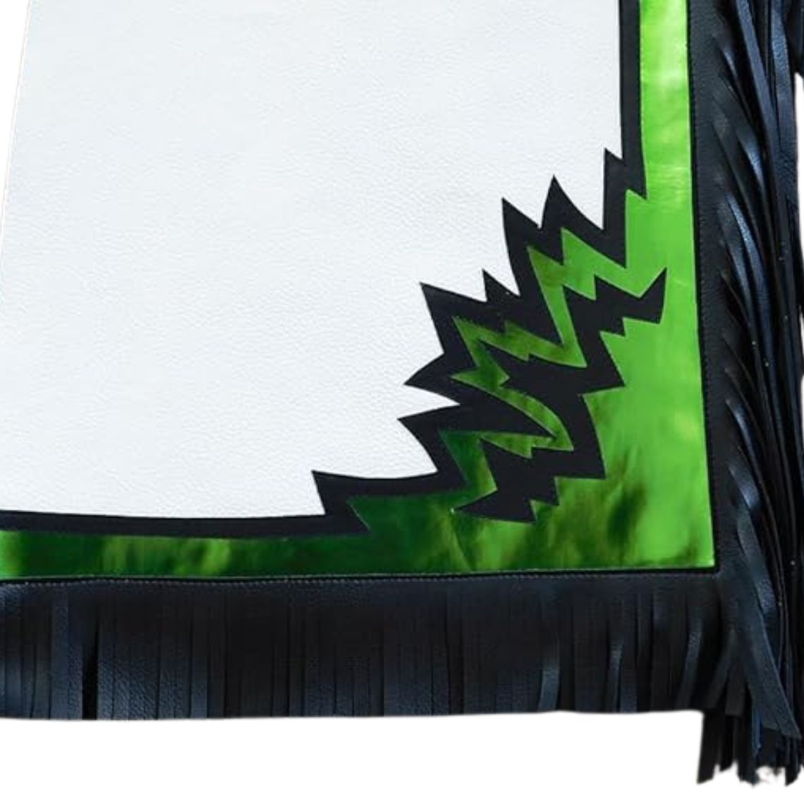 Mens white rodeo chaps green detailing fringe close up