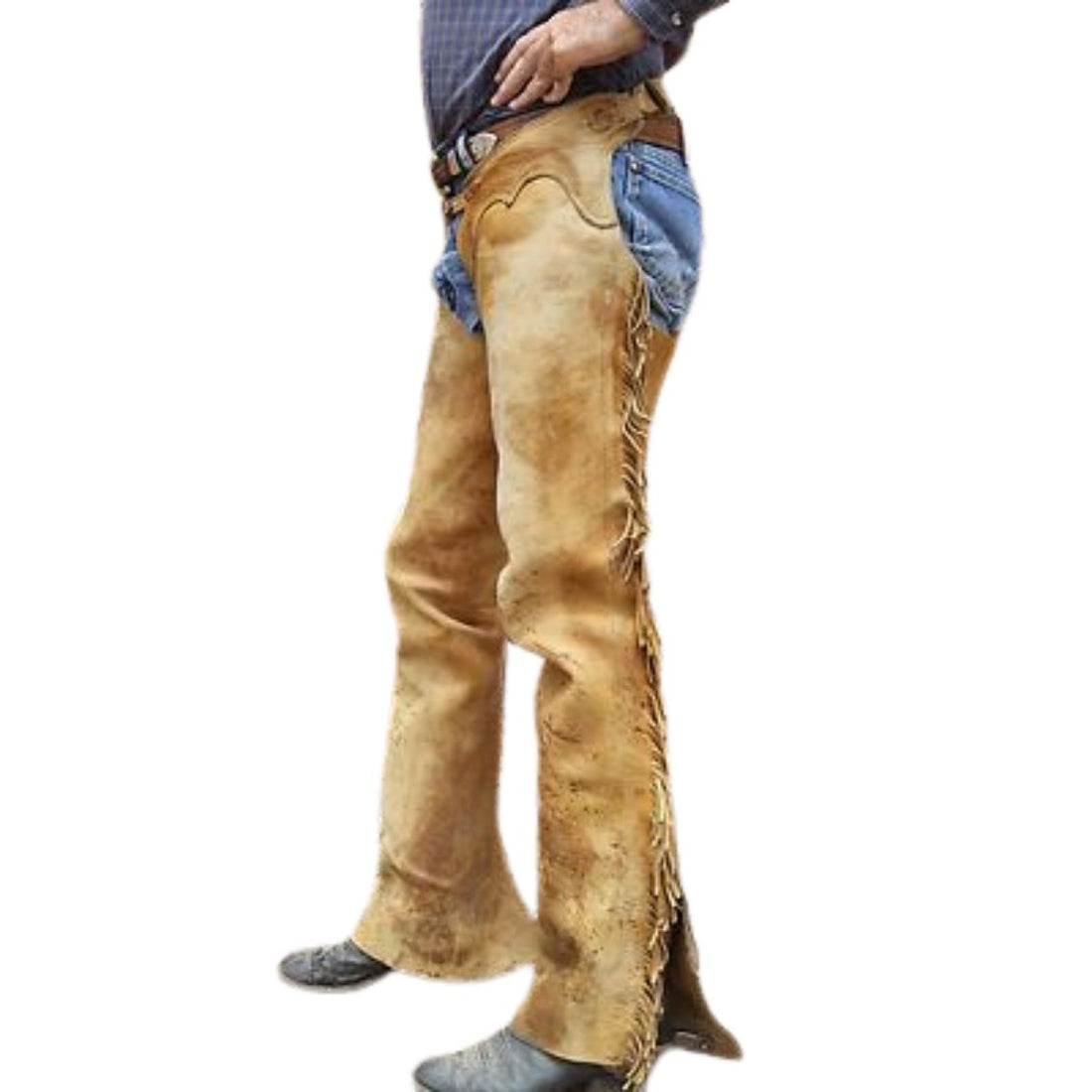 mens distressed tan leather western chaps side view