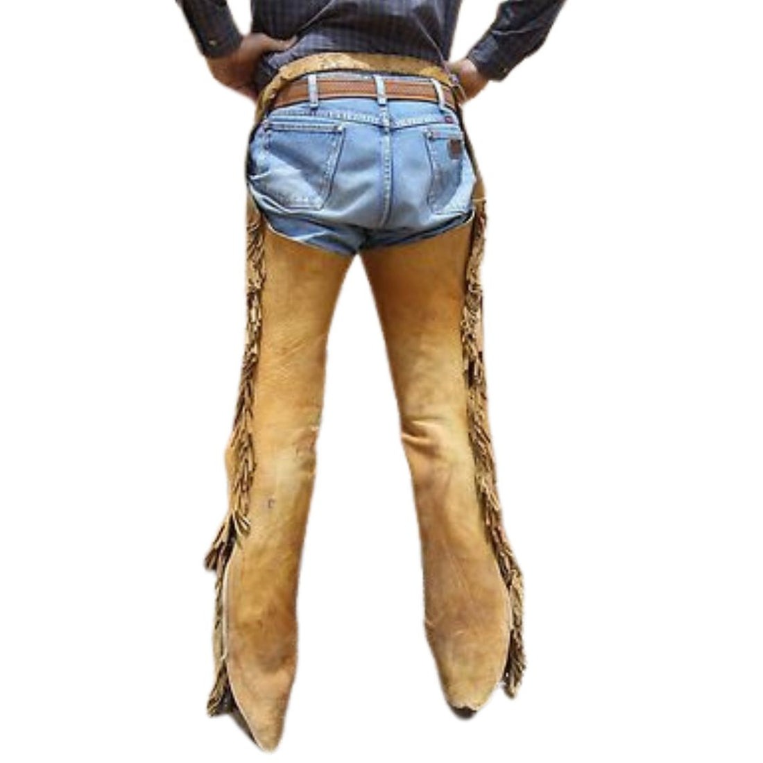 mens distressed tan leather western chaps side view