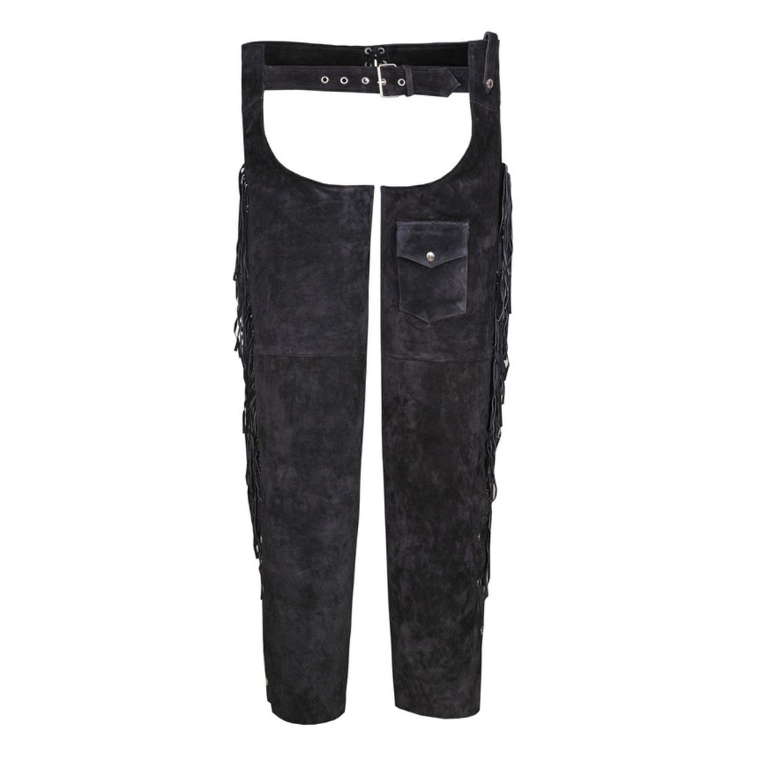 Black suede leather chaps front view with fringe