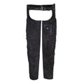 Black suede leather chaps front view with fringe