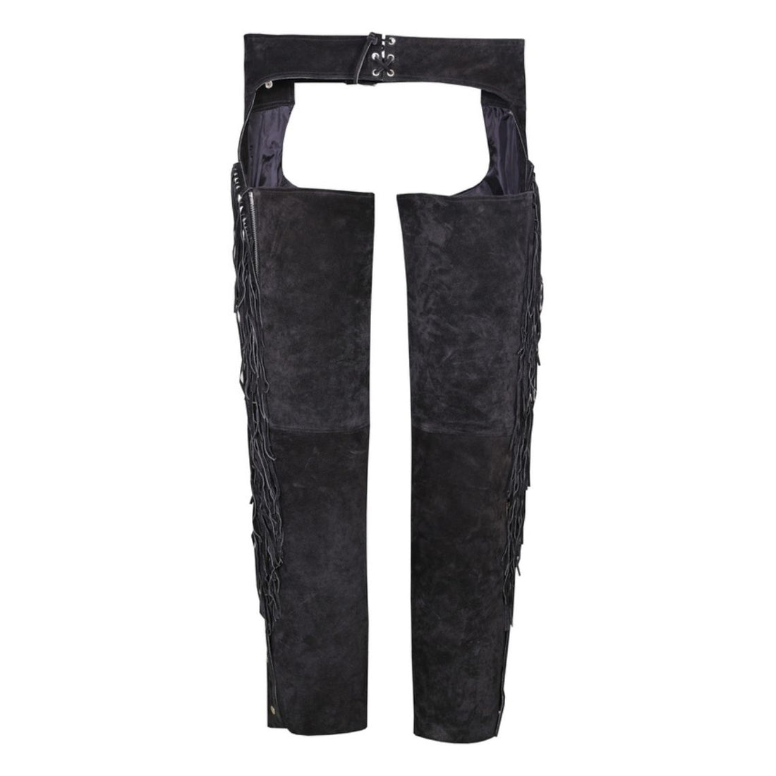 Black suede leather chaps front view with fringe