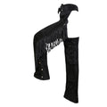 Side angle of black suede chaps showing fringe detail