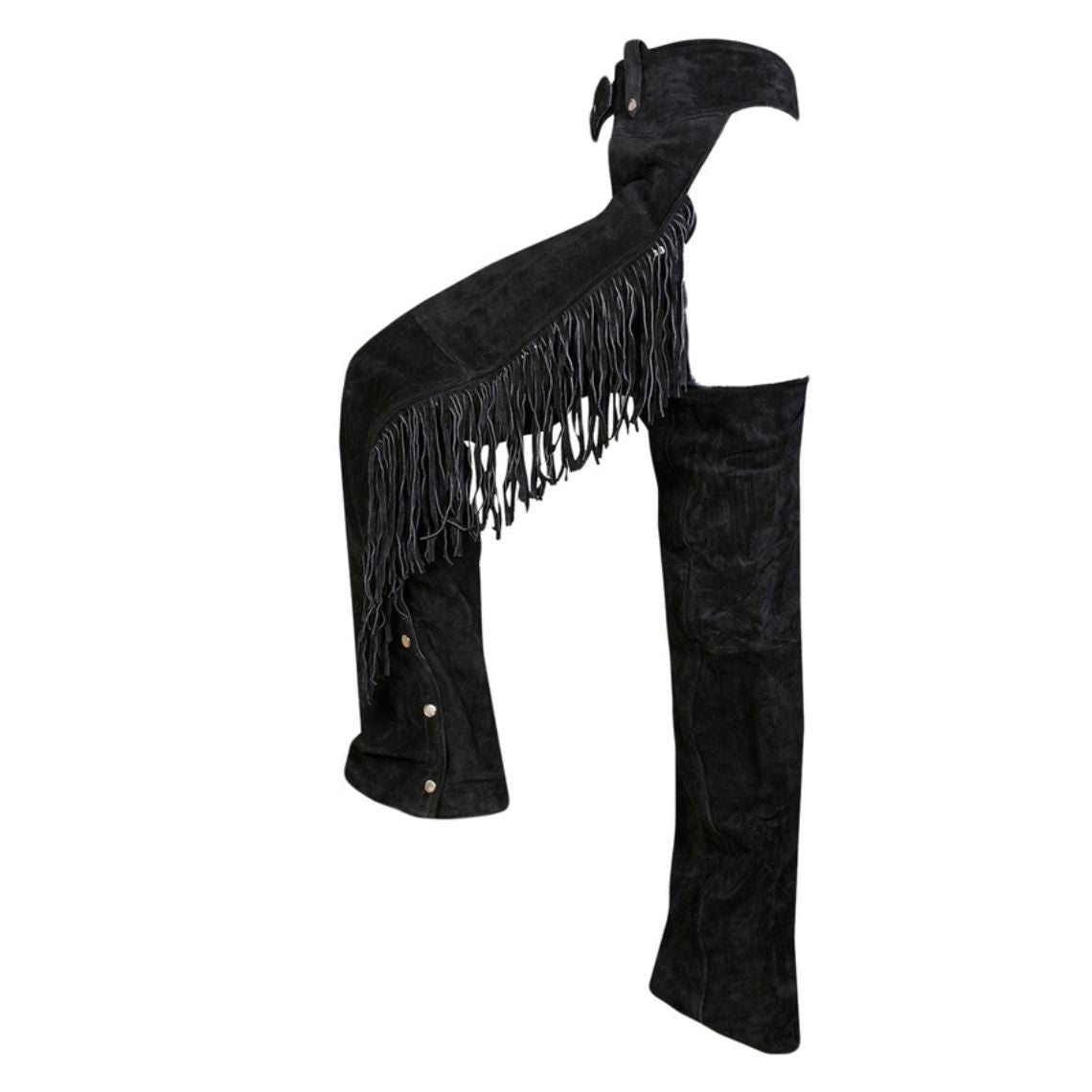 Side angle of black suede chaps showing fringe detail