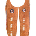 Close-up of embroidered detail on tan cowboy chaps