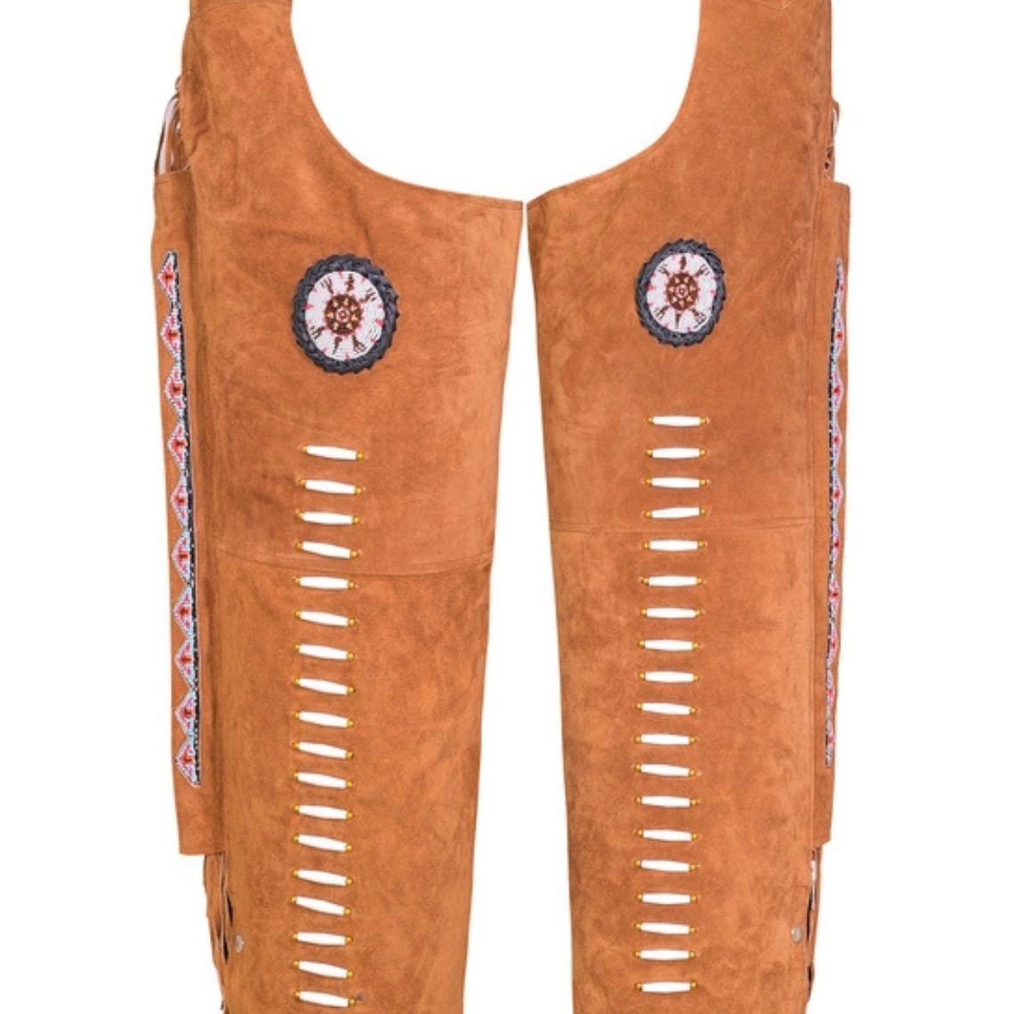 Close-up of embroidered detail on tan cowboy chaps