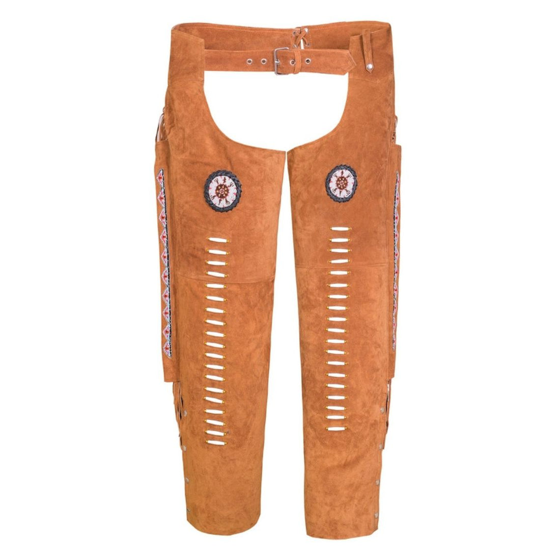 Front full view of brown western riding chaps