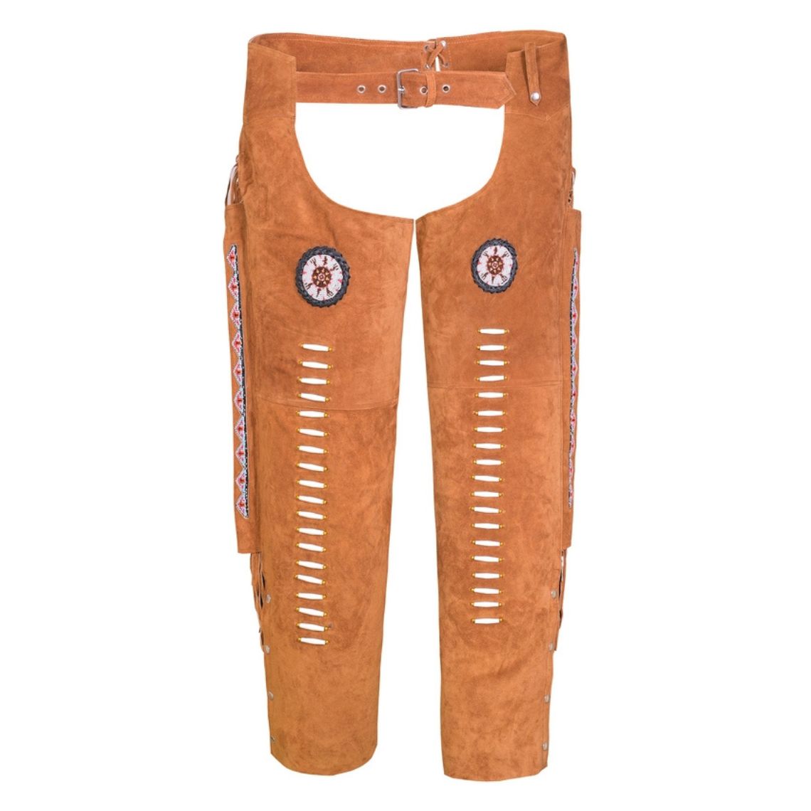 Front full view of brown western riding chaps