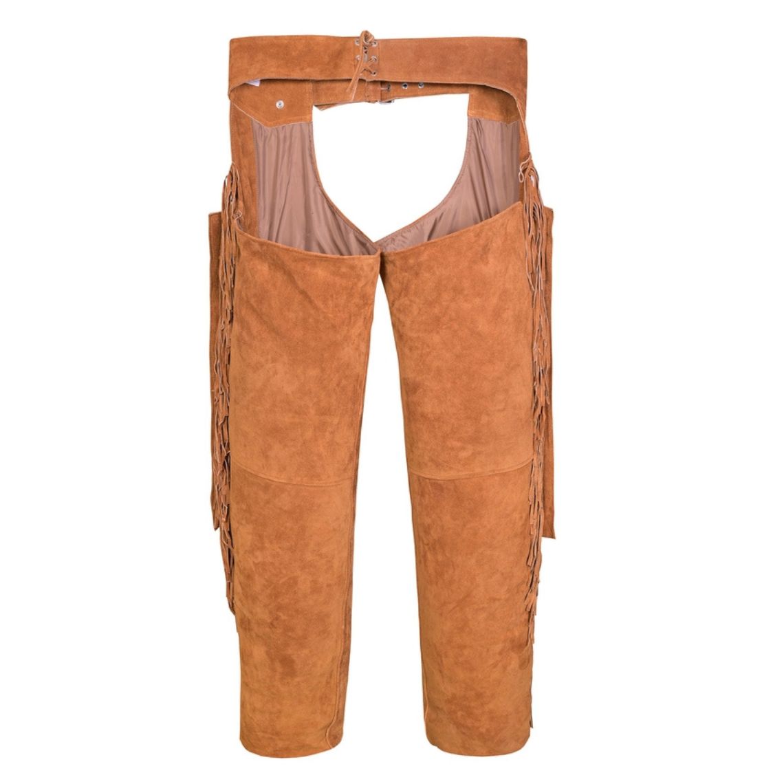 Back view of tan suede chaps with fringe