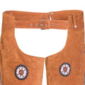 Close-up of adjustable belt on western chaps

