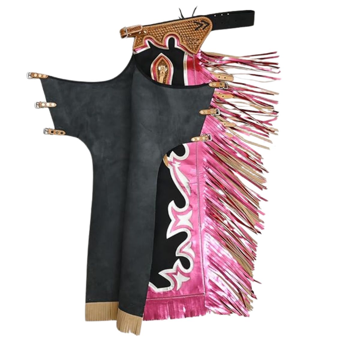 Mens black leather rodeo chaps with metallic pink fringe and tooled yoke
