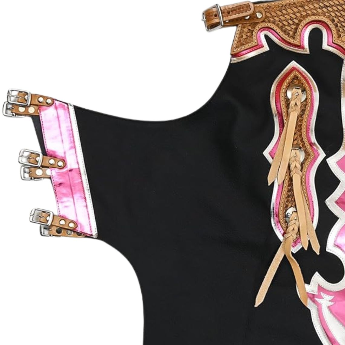 Close up of buckle straps and pink detailing on rodeo chaps