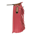 Premium red leather rodeo chaps with fringe front view
