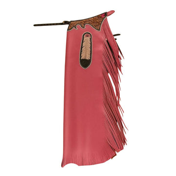 Premium red leather rodeo chaps with fringe front view