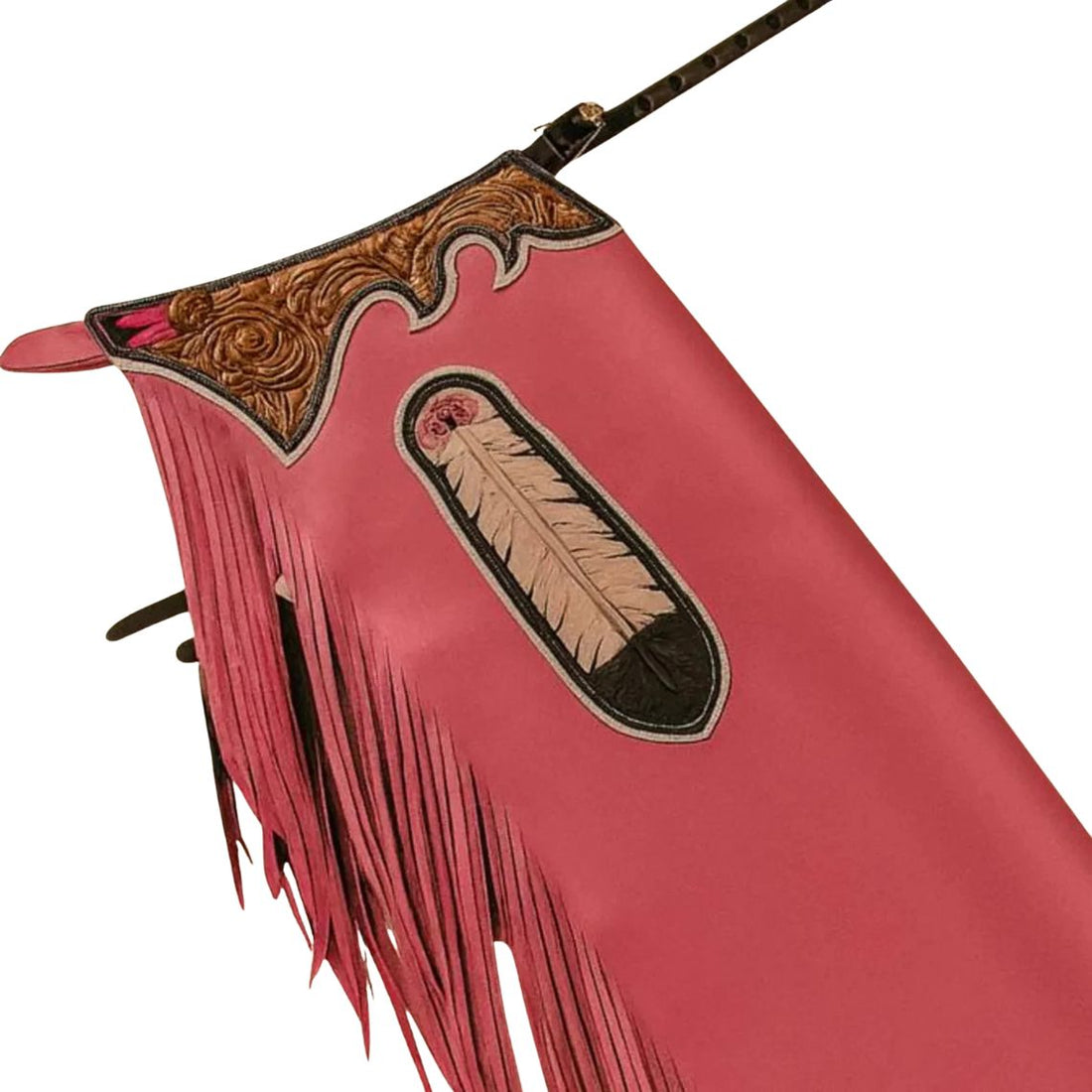 Premium red leather rodeo chaps with fringe front view