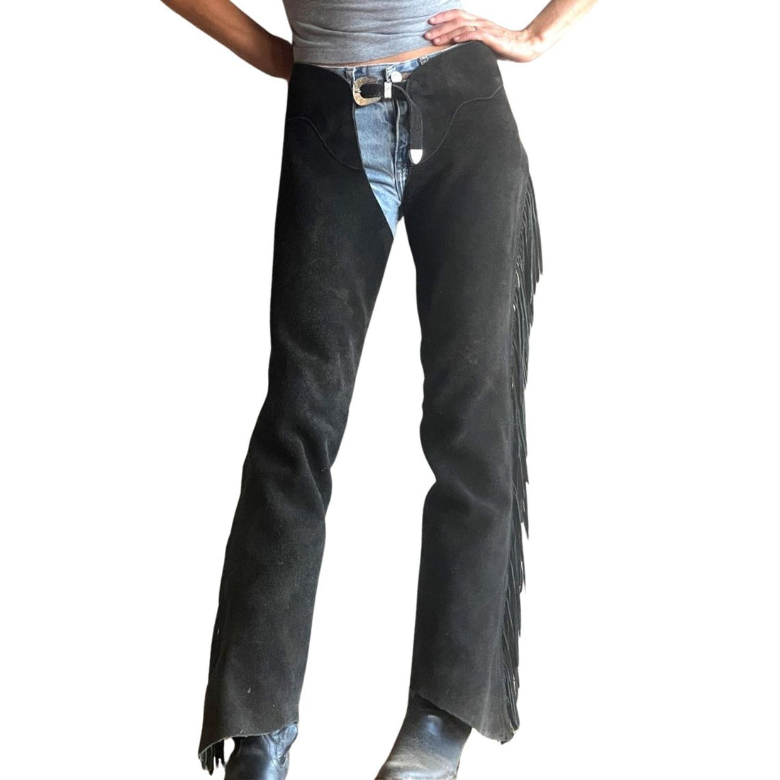 Women black leather fringe chaps front view