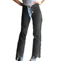 Women black leather fringe chaps front view