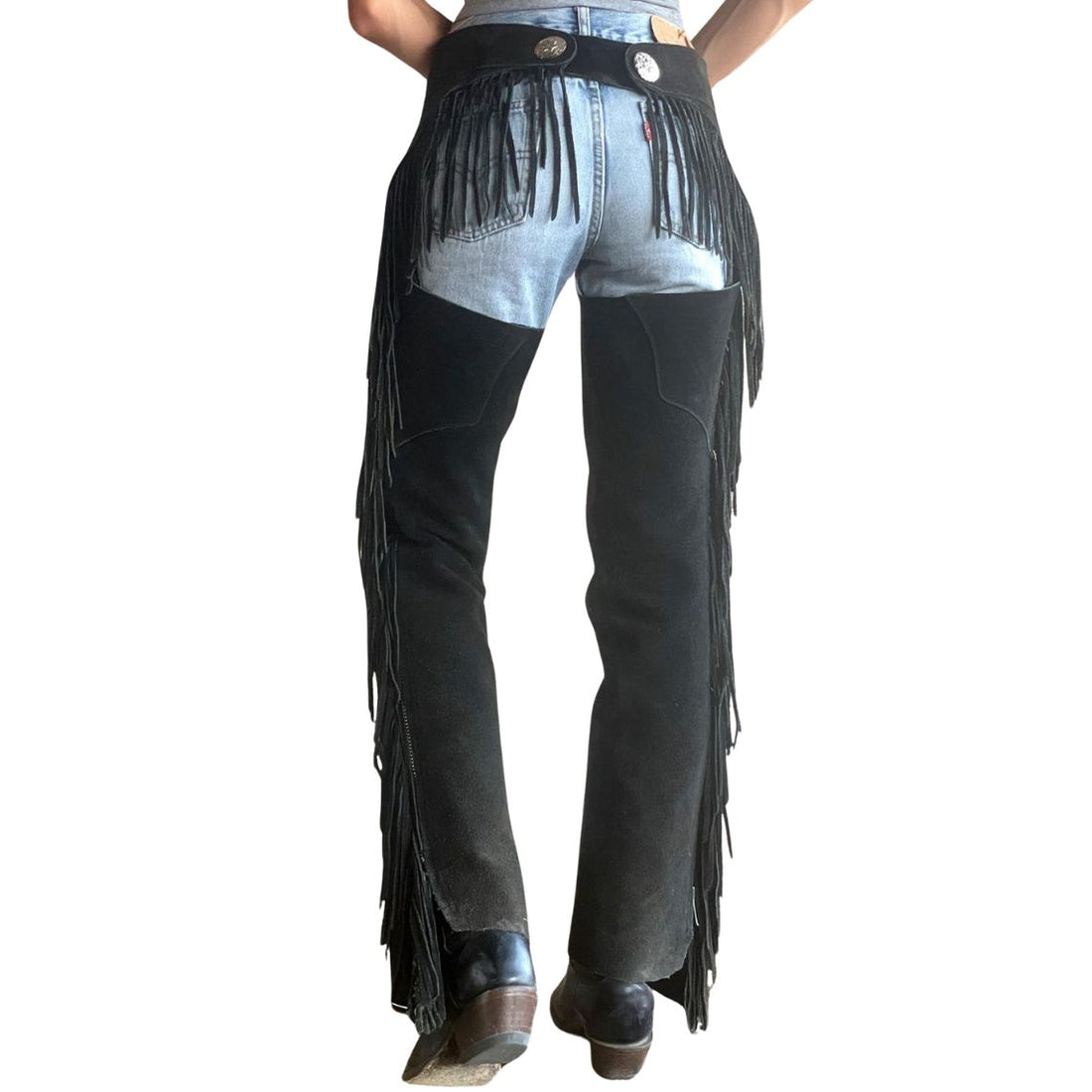 Women black leather fringe chaps front view