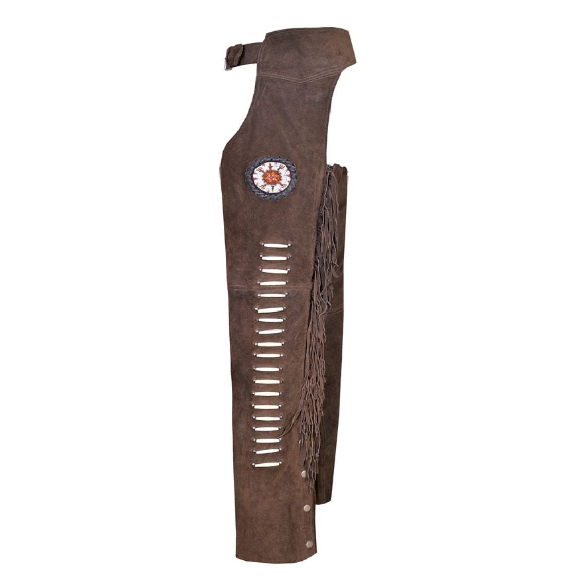 Women’s dark brown suede western chaps with beaded detail side view