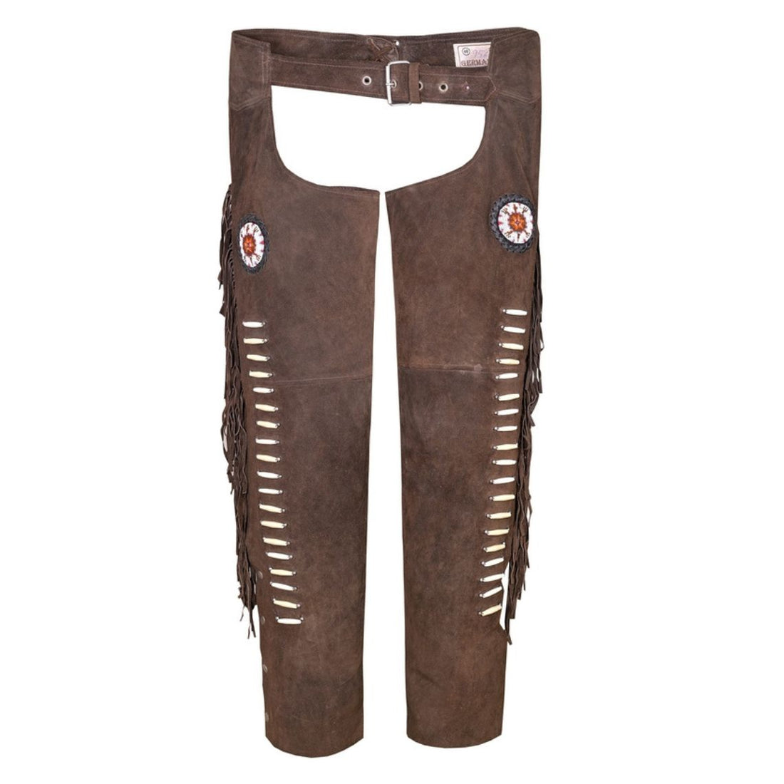 Front view of brown leather cowgirl chaps with fringe and bead accents