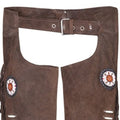 Close-up of adjustable belt on dark brown suede western chaps