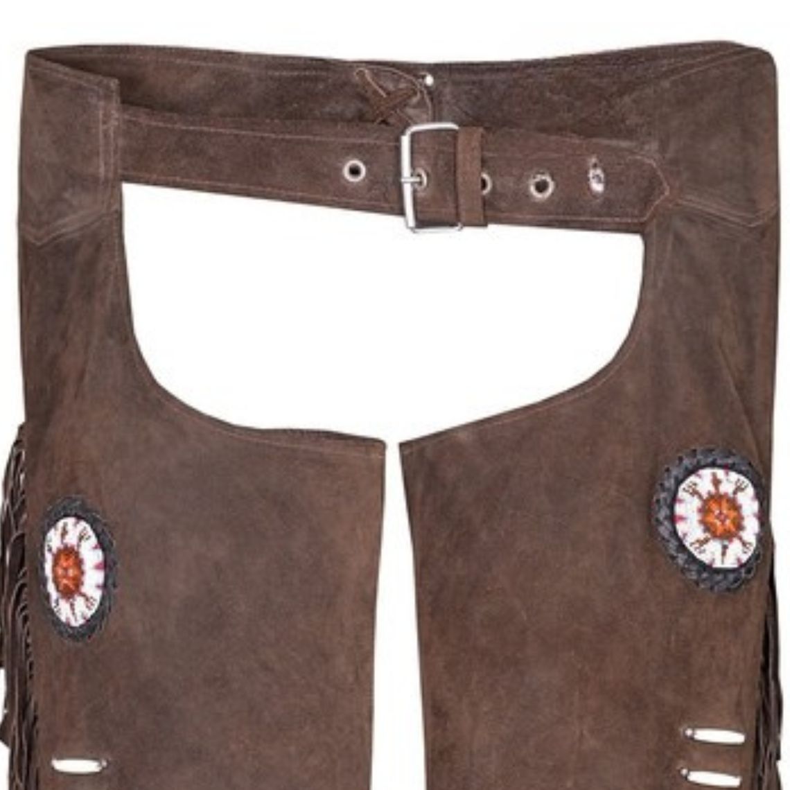 Close-up of adjustable belt on dark brown suede western chaps