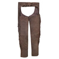 Back view of brown suede riding chaps with fringe detailing