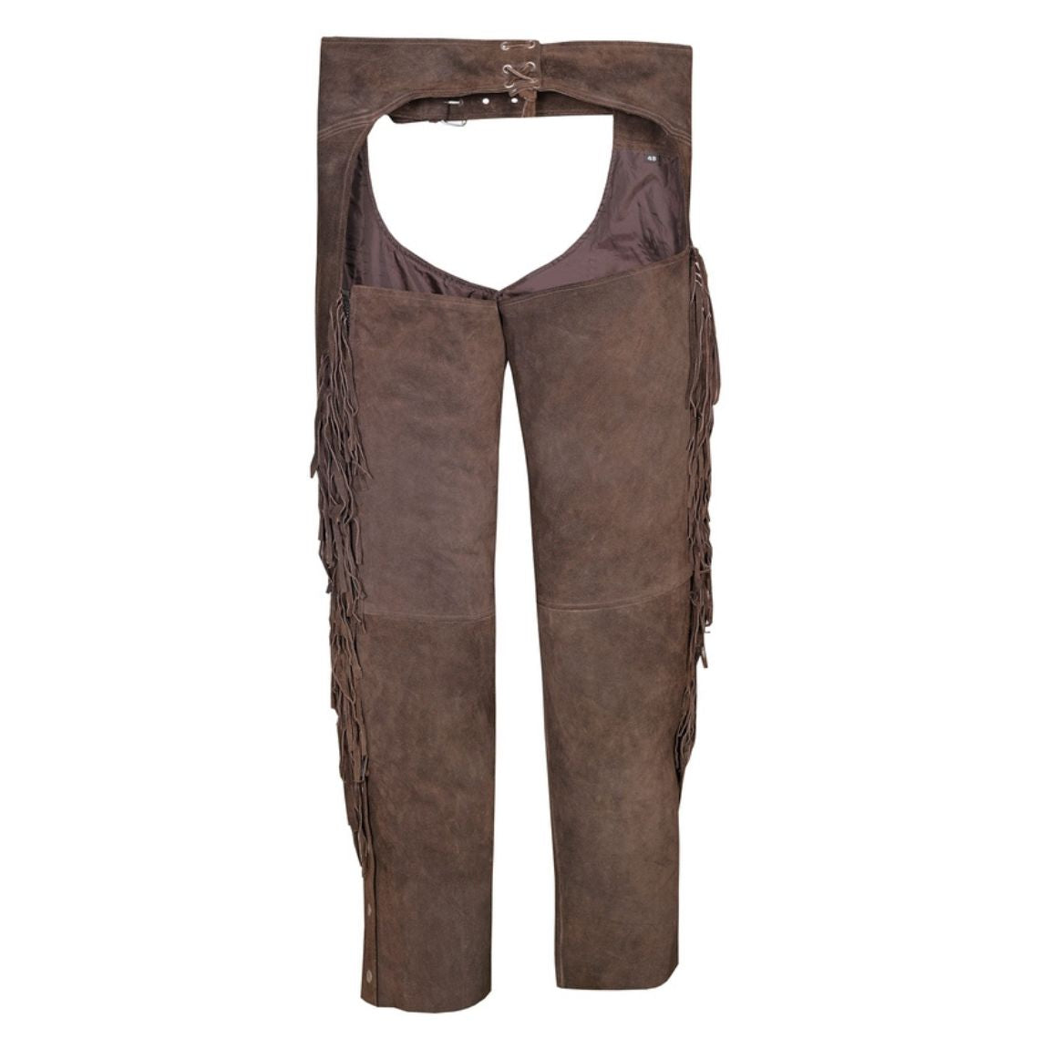 Back view of brown suede riding chaps with fringe detailing