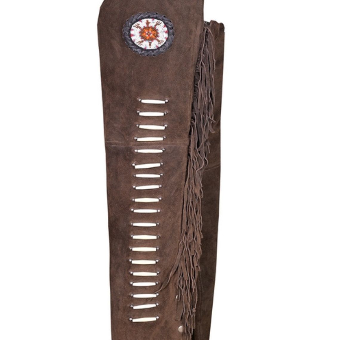 Detail of beaded concho design on western leather chaps