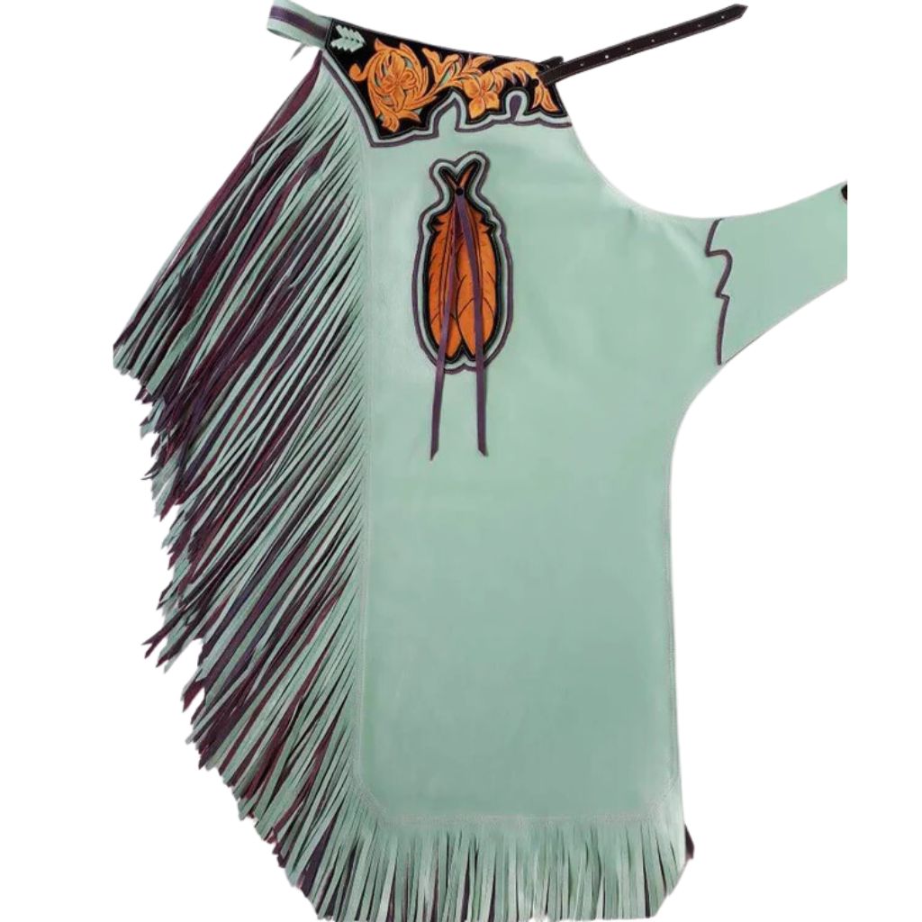 Western bull riding chaps blue leather floral detail