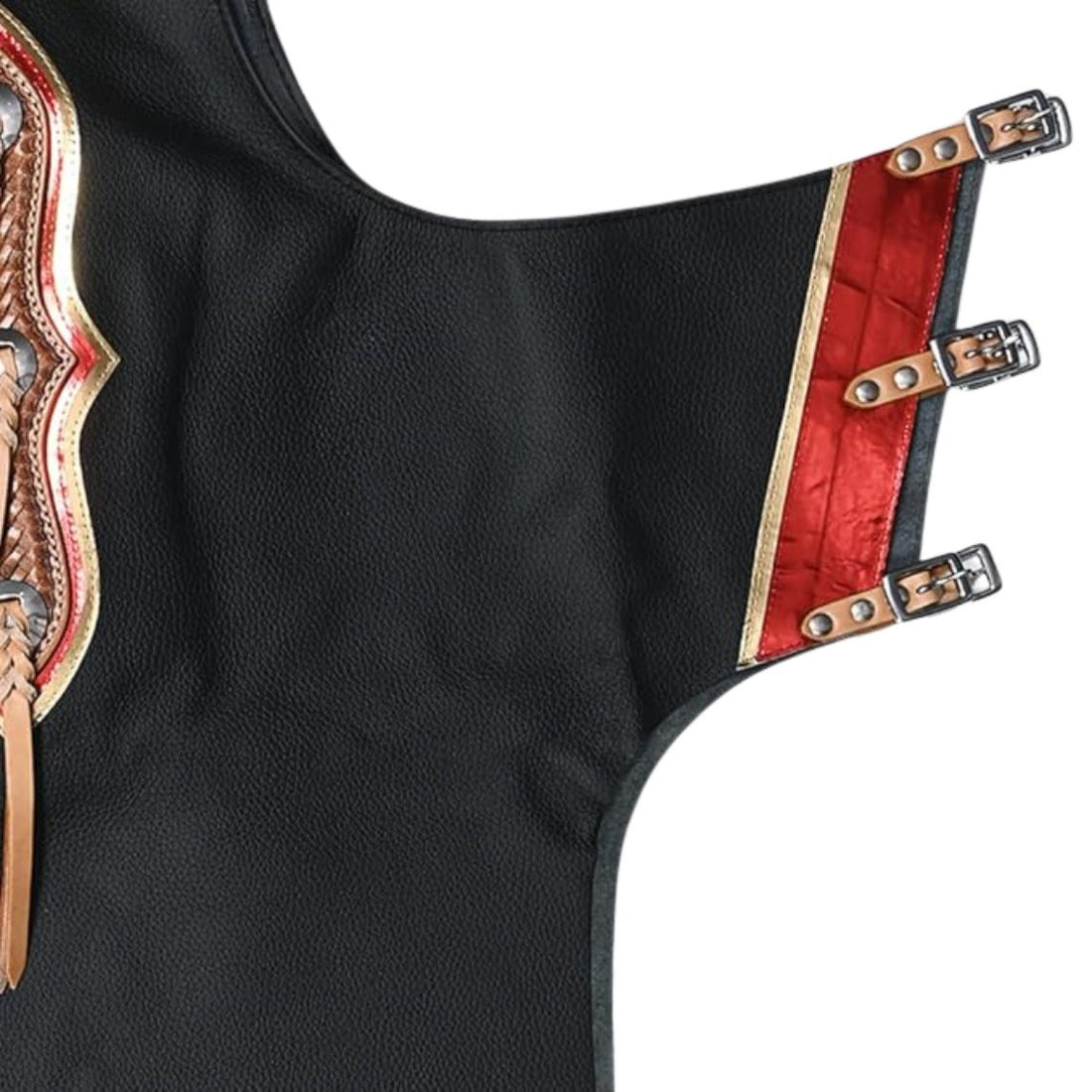 full view red black bull riding chaps fringe western design