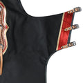 close up black leather rodeo chaps red panel buckle straps detail