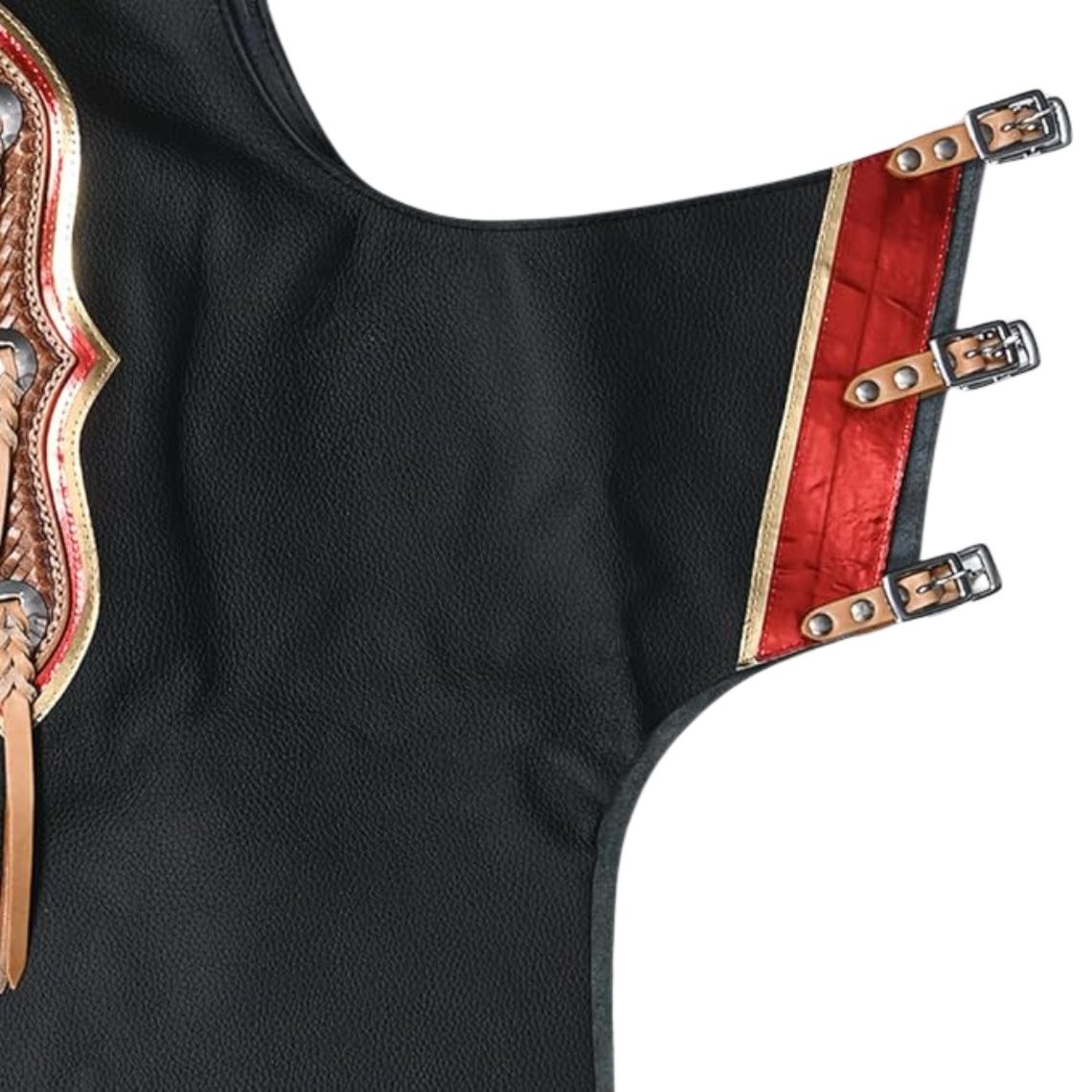 close up black leather rodeo chaps red panel buckle straps detail