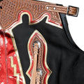 tooled leather yoke rodeo chaps red black concho braid detail