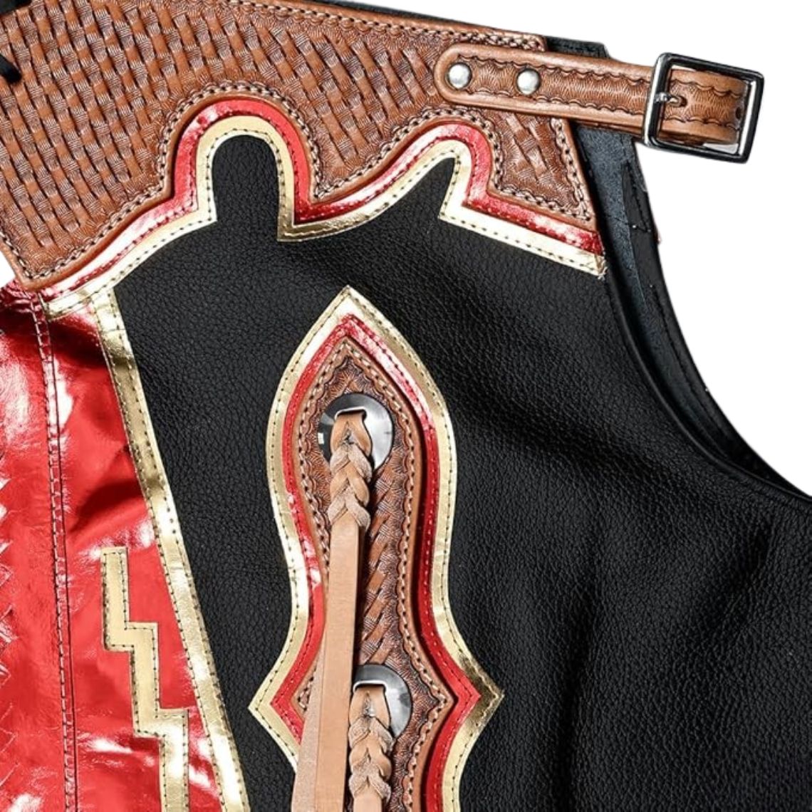 tooled leather yoke rodeo chaps red black concho braid detail