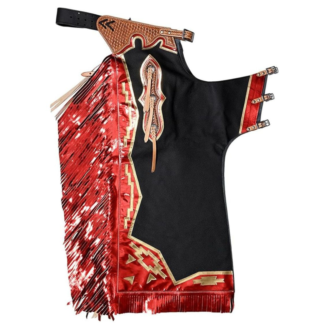 full view red black bull riding chaps fringe western design