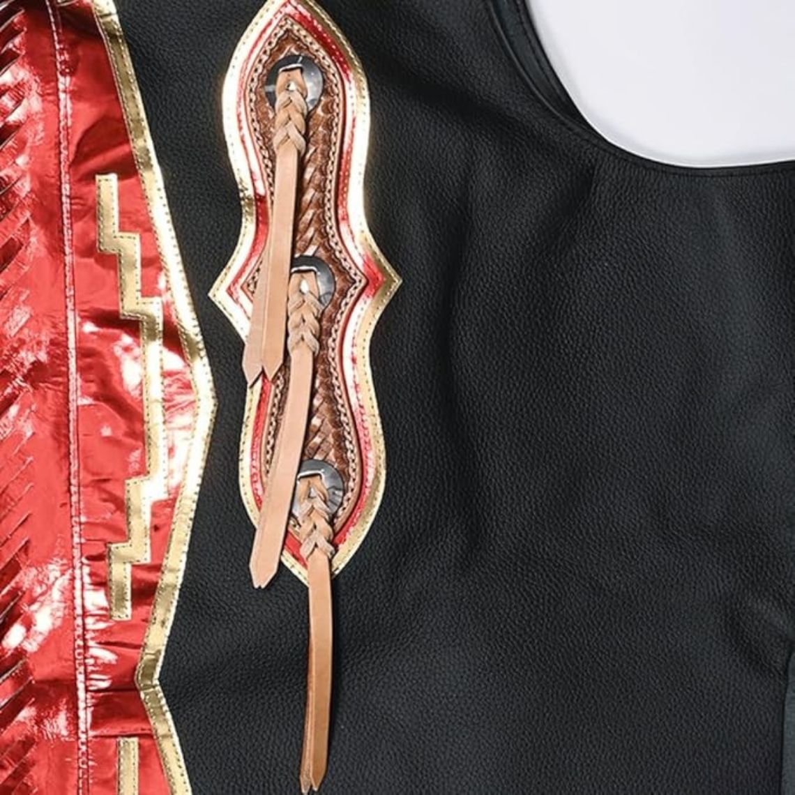 mid detail rodeo chaps braided leather conchos red metallic panel