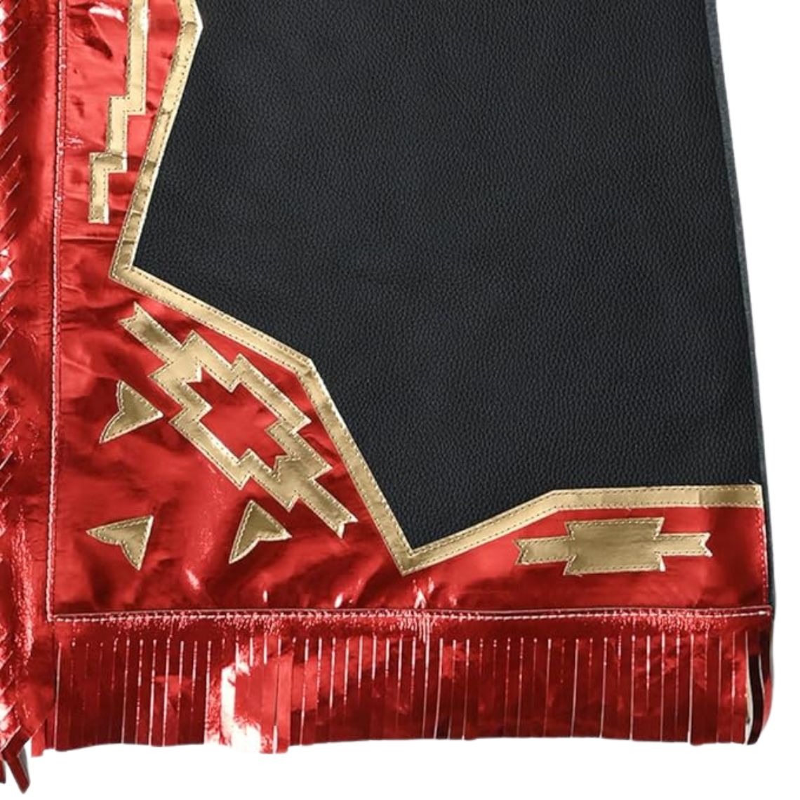 bottom detail red fringe rodeo chaps gold trim western pattern