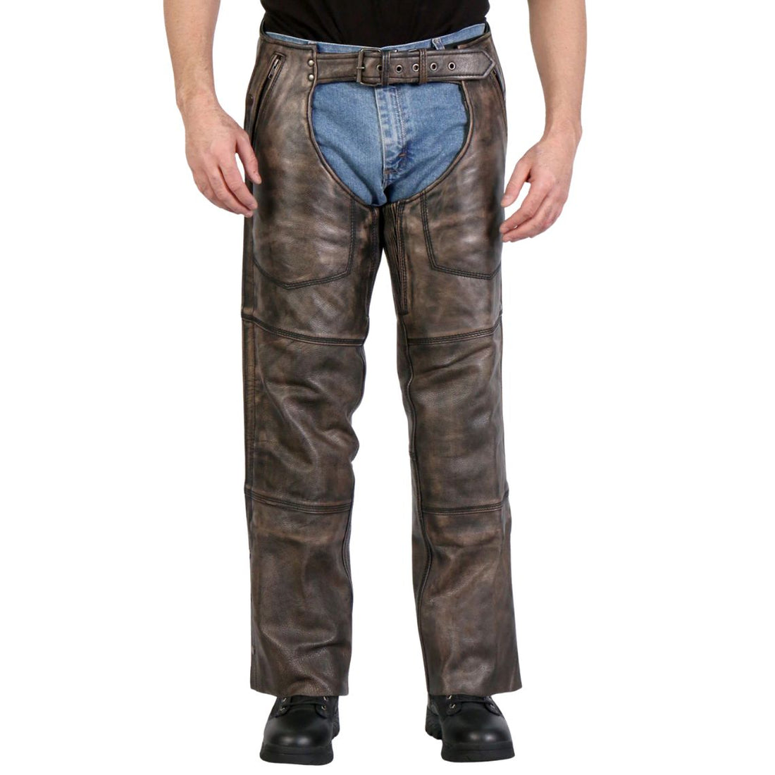 Men’s rustic brown leather assless motorcycle chaps front view