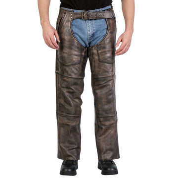 Men’s rustic brown leather assless motorcycle chaps front view