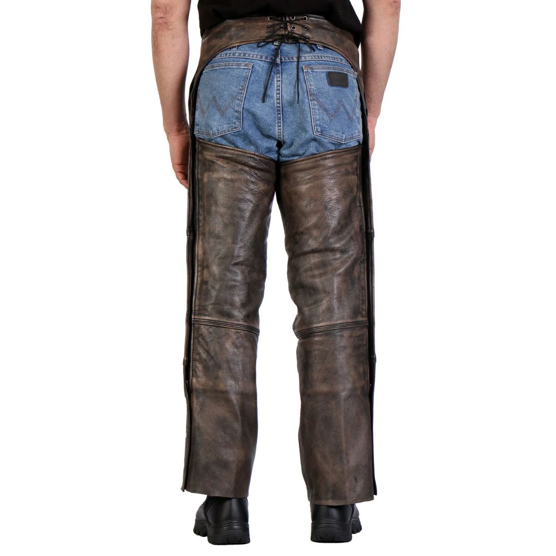 Back view of distressed brown leather motorcycle riding chaps