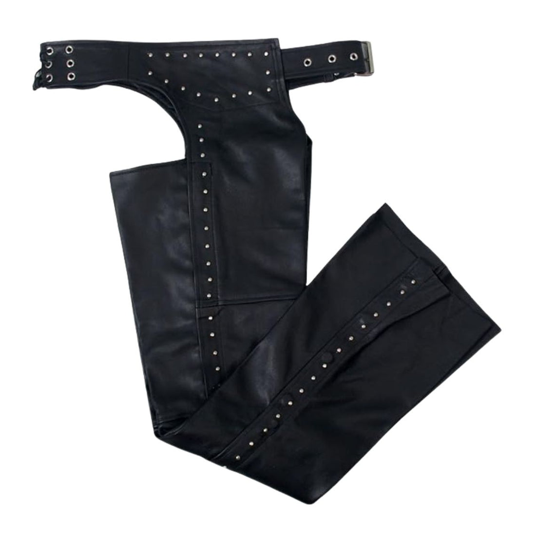 Black studded leather chaps angled view for women