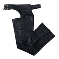 Women’s black studded leather chaps front view with belt