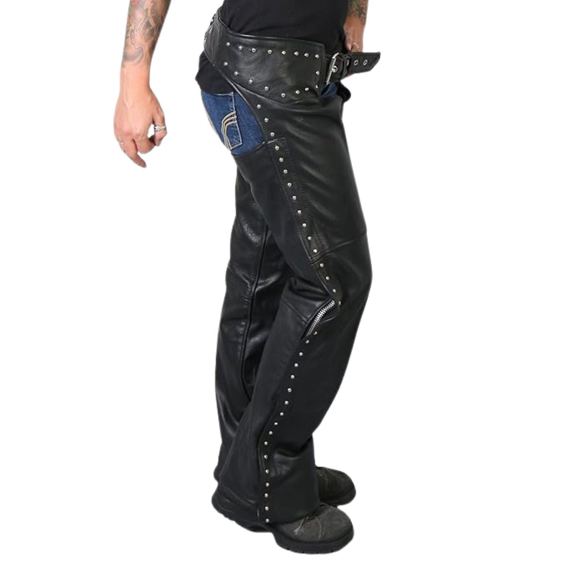Women’s biker leather chaps side view showing stud details