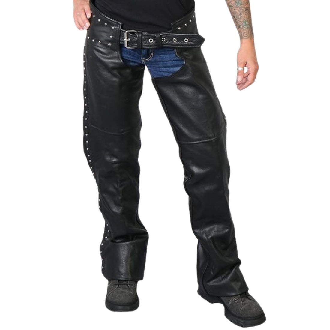Black studded leather chaps angled view for women
