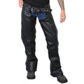 Black studded leather chaps angled view for women