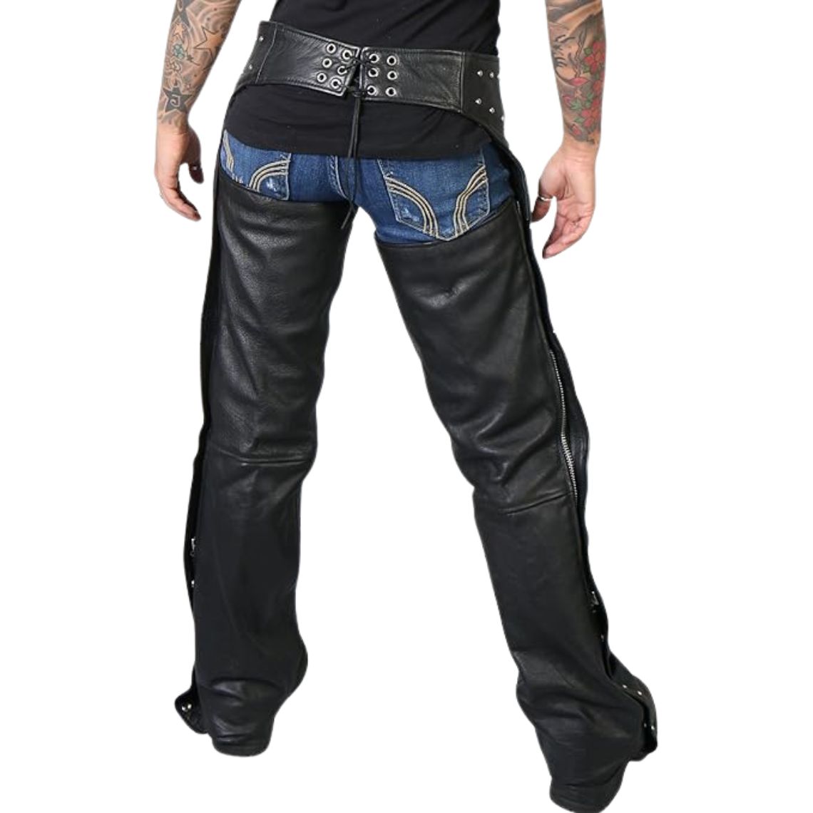 Women’s motorcycle leather chaps back view with adjustable waist