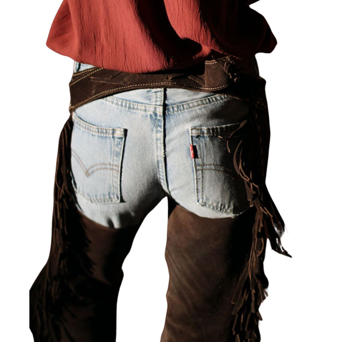 Women’s dark brown suede western chaps front view with fringe