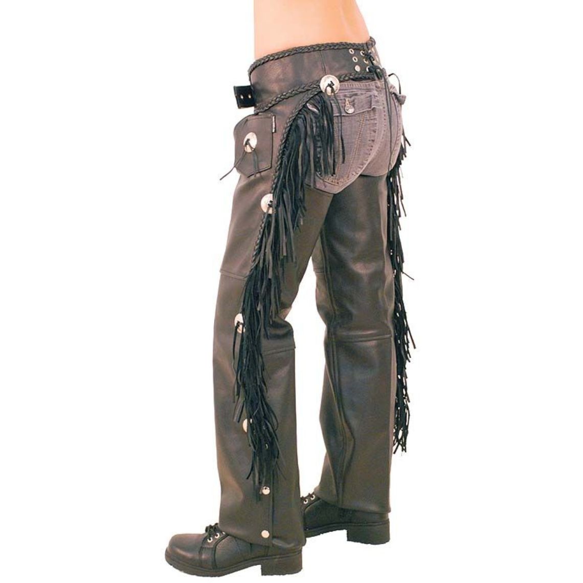 mens black leather fringe chaps side view concho detail