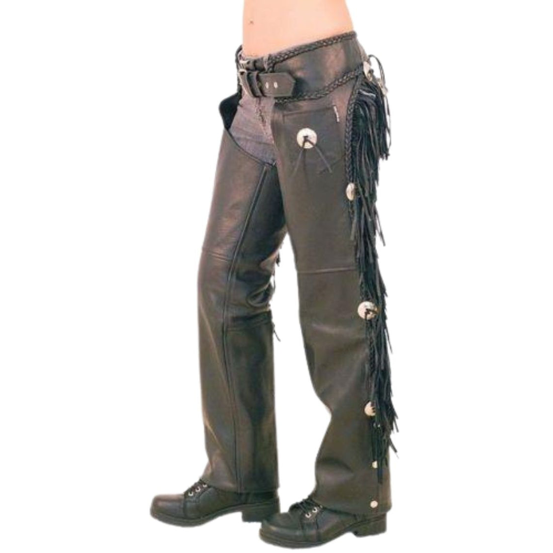mens black leather fringe chaps side view concho detail